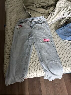Hello Kitty Pale Blue Denim Jeans with Embroidered Logos